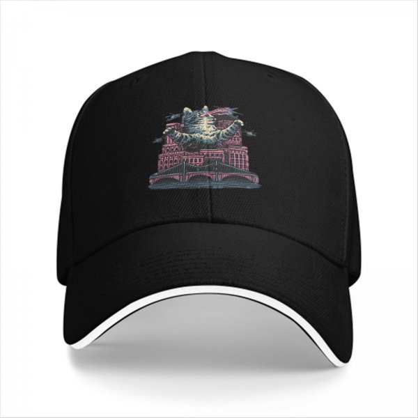 Black Baseball Cap With Giant Monster Cat Cityscape Art Print