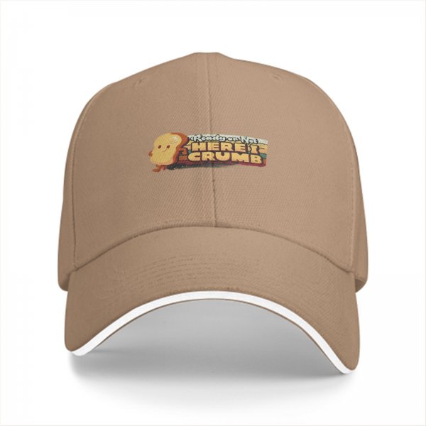 Black baseball cap with 'Here I Crumb' bread graphic print