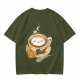 Olive Green T-Shirt With Cute Cat Latte Art And Kittens Print