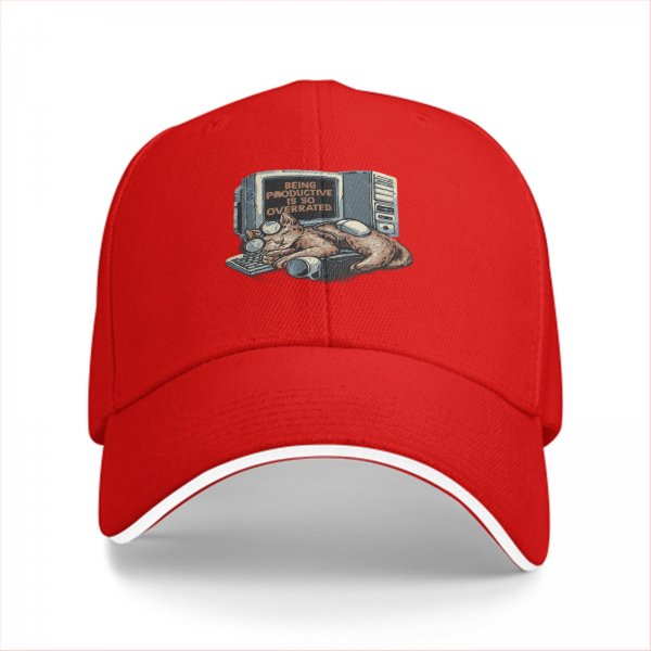 Black Baseball Cap With 'Being Productive Is So Overrated' Cat Computer Art