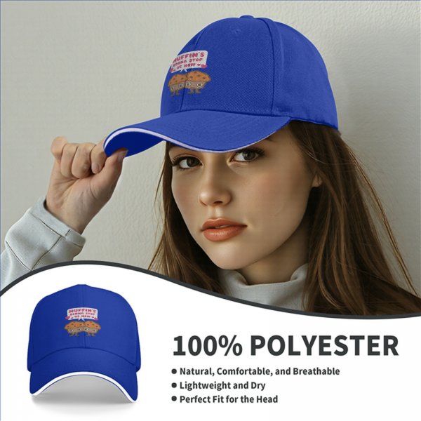 Black baseball cap with two cartoon muffins and funny muffin quote