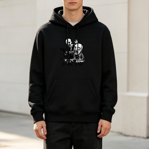 Black hoodie with zombie graphic and 'brains in the bag' text