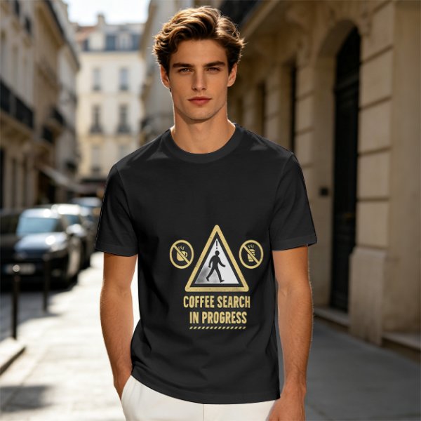 Olive T-Shirt With Coffee Search In Progress Warning Print