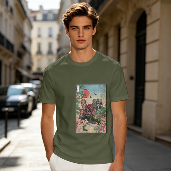 Olive T-shirt with ukiyo-e style fantasy creature graphic print