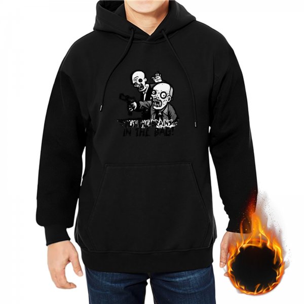 Black hoodie with zombie graphic and 'brains in the bag' text