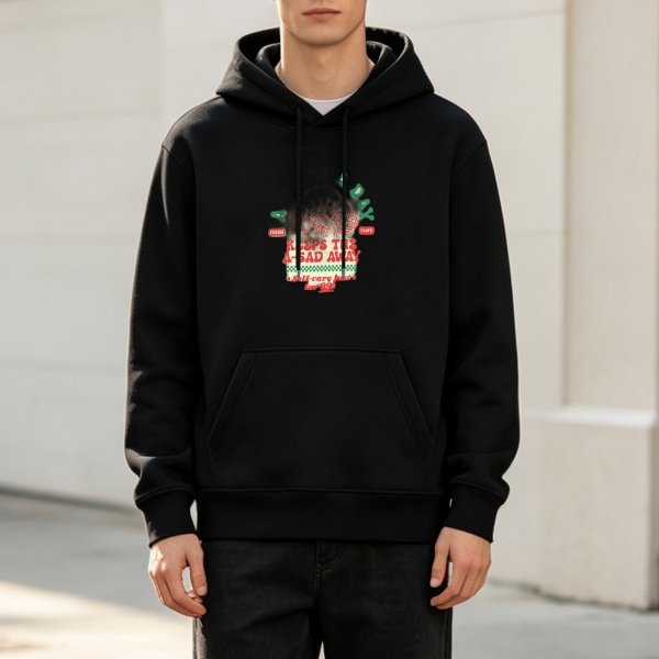 Black graphic hoodie with 'keeps the a-sad away' self care print