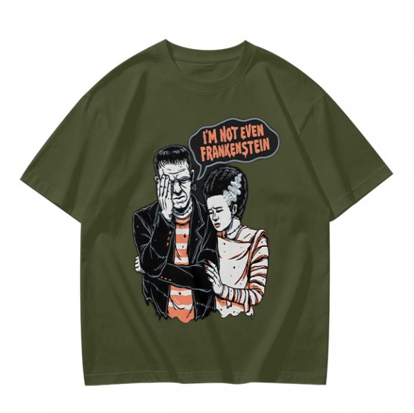 Olive T-shirt with Frankenstein and Bride 'I'm Not Even Frankenstein' Print