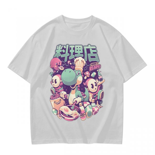 Olive t-shirt with dinosaur chef and cute character cooking graphic