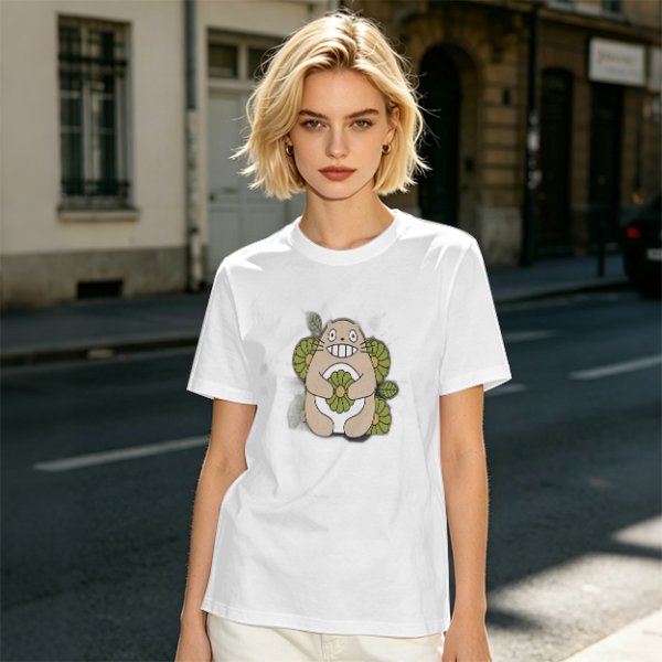 Olive Green T-Shirt With Cute Totoro And Leaf Print