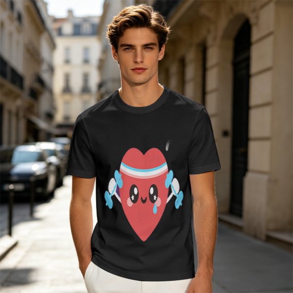Olive T-Shirt With Cute Cartoon Heart Lifting Dumbbells Print
