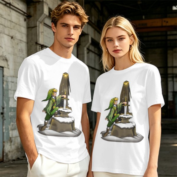 Olive Green T-Shirt With Link Reaching For The Master Sword