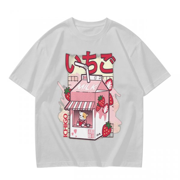 Olive T-Shirt with Strawberry Milk Carton Cat Shop Graphic