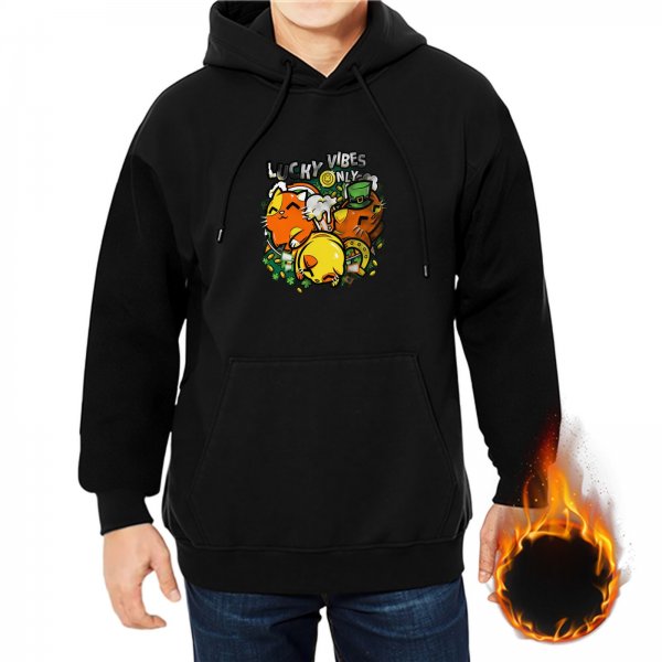 Black hoodie with lucky vibes cat and shamrock graphic
