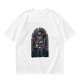 Olive green t-shirt with retro robot monster city attack graphic