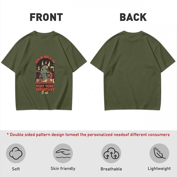 Olive t-shirt with devil call center graphic and 'Your Soul Is Very Important To Us' text