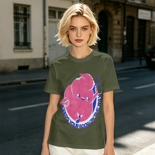 Olive T-Shirt With Funny Colon Graphic 'Keeps Your Poop On The Way' Print