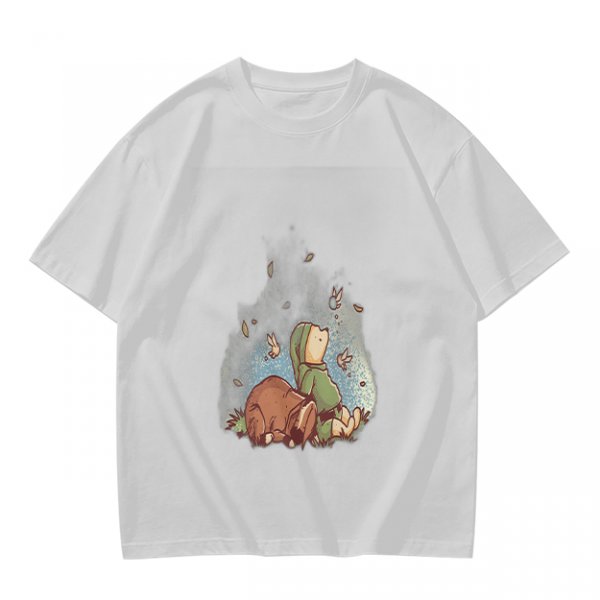 Olive green t-shirt with whimsical elf and dog artwork