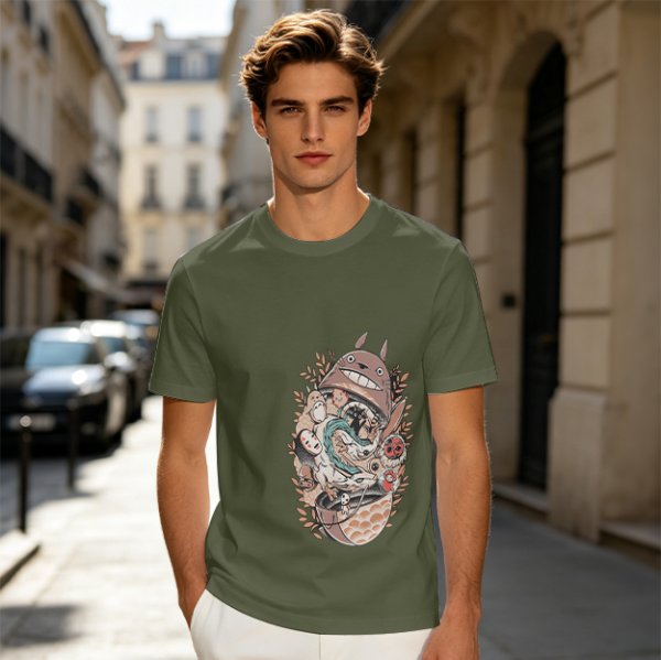 Olive Green T-Shirt with Studio Ghibli Character Collage Print