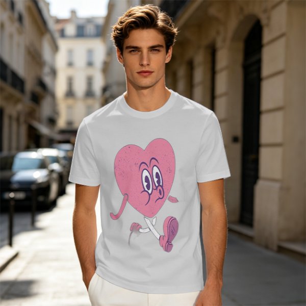Oversized Olive T-Shirt with Retro Walking Pink Heart Cartoon Graphic