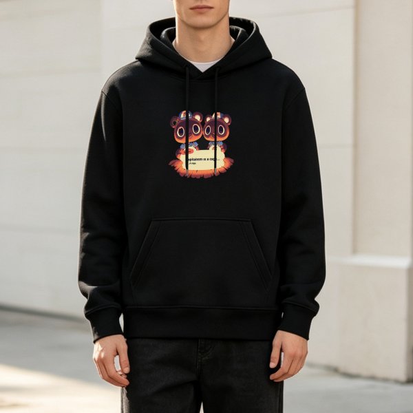 Black hoodie with cartoon raccoon graphic print