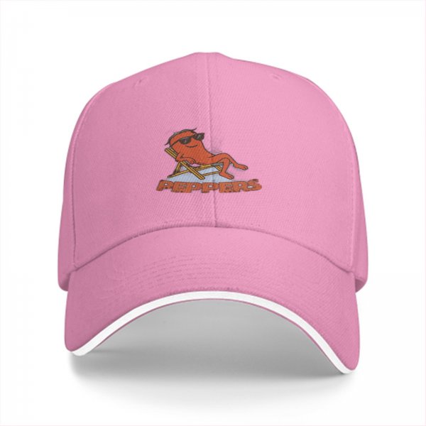 Black baseball cap with a relaxed cartoon pepper graphic and text