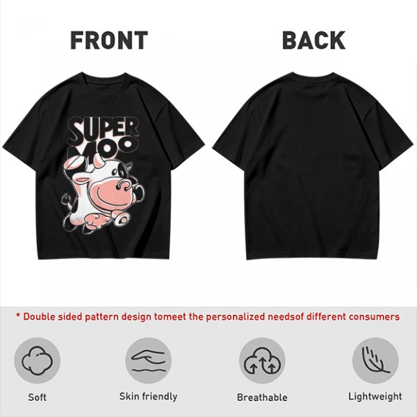 Olive green t-shirt with 'SUPER MOO' and cartoon cow graphic