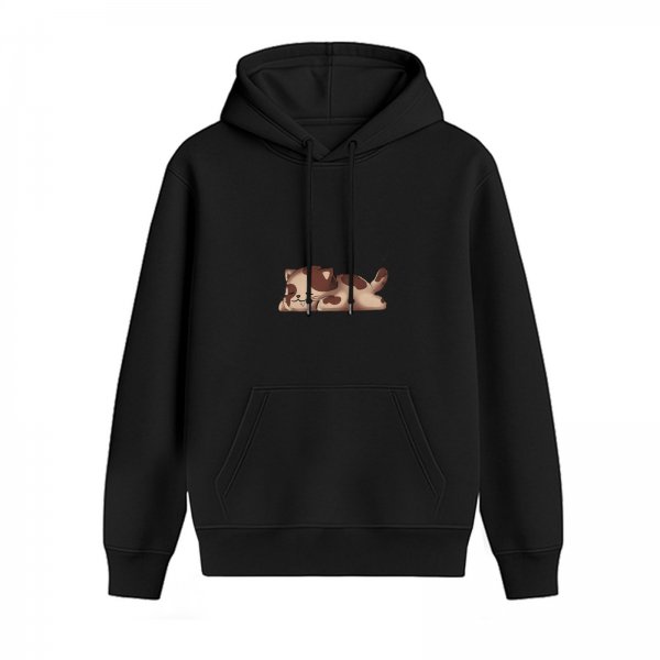 Black hoodie with cute sleeping brown and white cat graphic