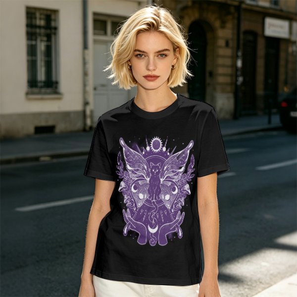 Olive T-Shirt with Celestial Cat Moth and Mystical Hands Print