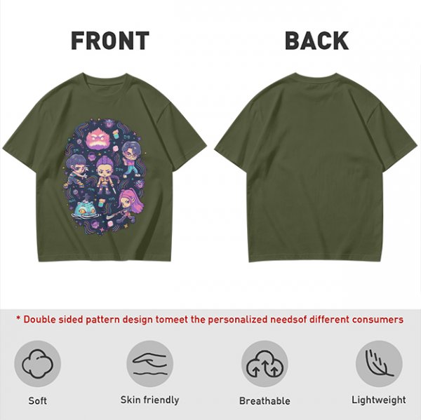 Olive T-shirt with Chibi Fantasy Characters and Whimsical Art Print