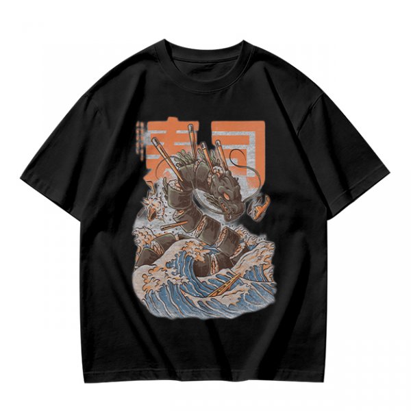 Olive T-shirt with Sushi Dragon Wave Graphic Print