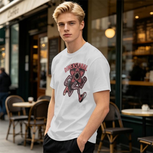 Olive green t-shirt with dimensional demogorgon graphic print