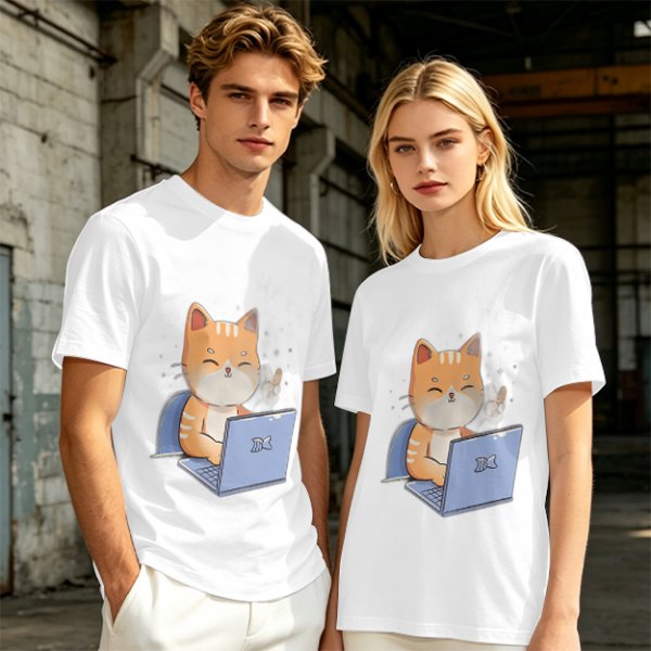Olive T-Shirt With Cute Orange Cat Working On Laptop Print
