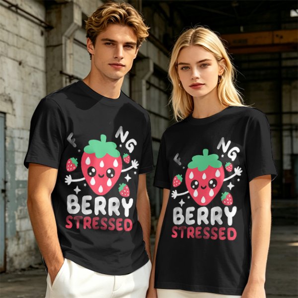 Olive graphic t-shirt with crying strawberry and 'berry stressed' text