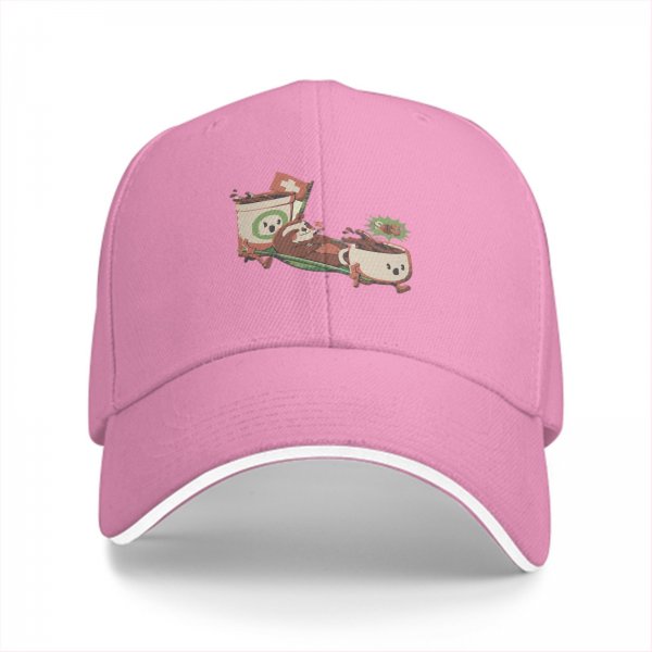 Black baseball cap with playful anthropomorphic coffee cups graphic