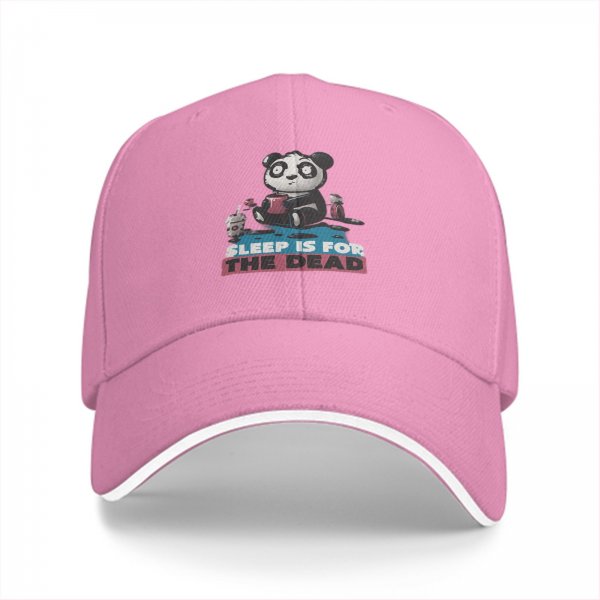 Black baseball cap with panda graphic and 'Sleep is for the dead' text