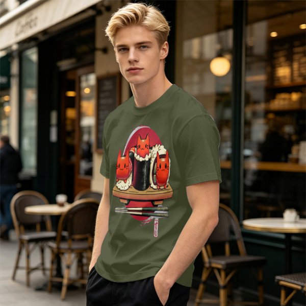 Olive t-shirt with cute cat sushi characters on a wooden platter