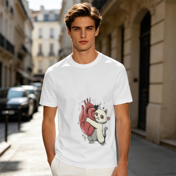 Olive T-Shirt With Cute White Cat Hugging Anatomical Heart Print