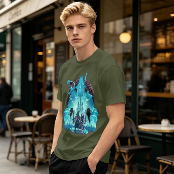 Fantasy warrior ghost print olive green graphic t-shirt