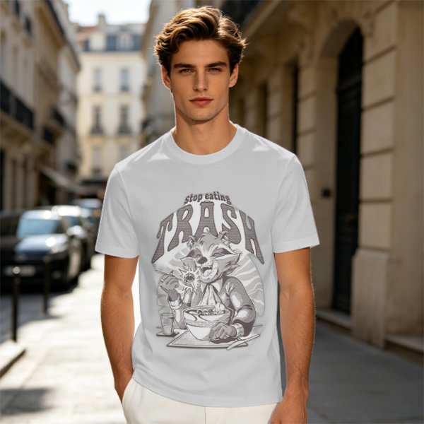 Olive graphic t-shirt with raccoon eating and 'Stop eating TRASH' print