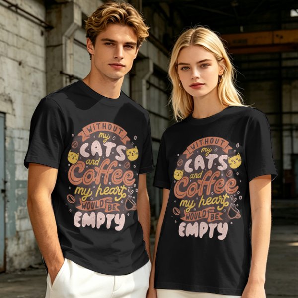 Olive graphic t-shirt with cats and coffee heart quote