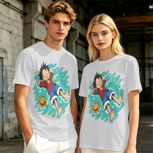 Olive anime t-shirt with Luffy relaxing in water print