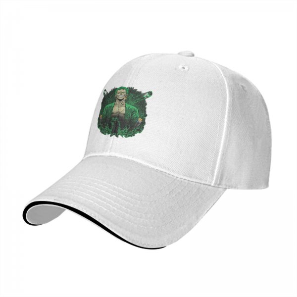 Black baseball cap with One Piece Roronoa Zoro graphic print