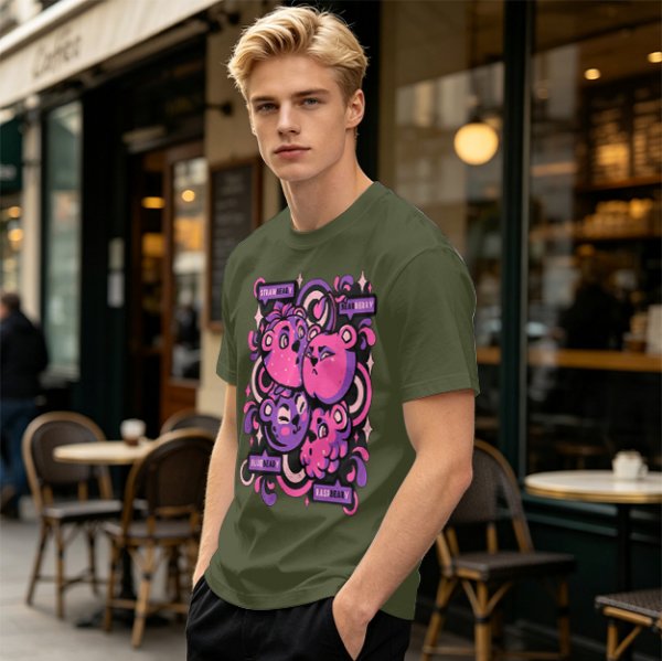 Olive T-shirt with playful bear-fruit graphic print