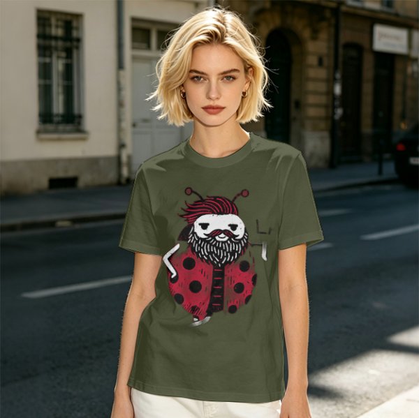 Olive Green T-Shirt With Bearded Ladybug Print