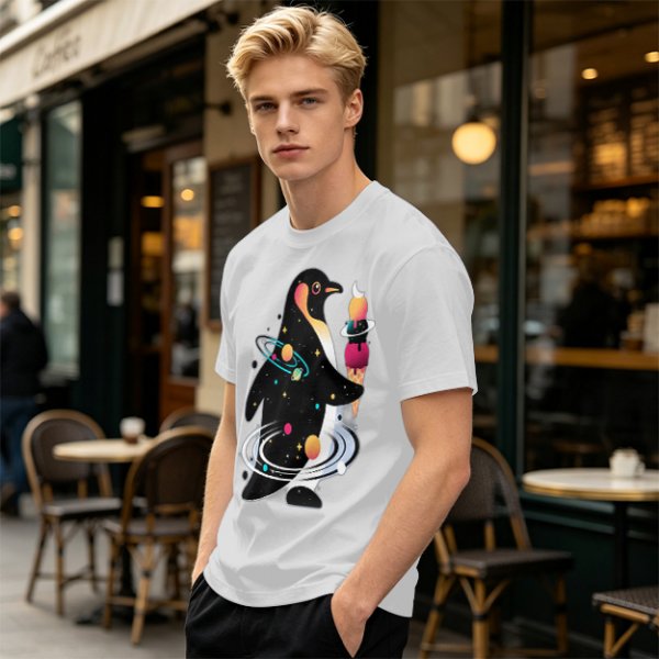 Olive T-Shirt With Cosmic Penguin And Ice Cream Print