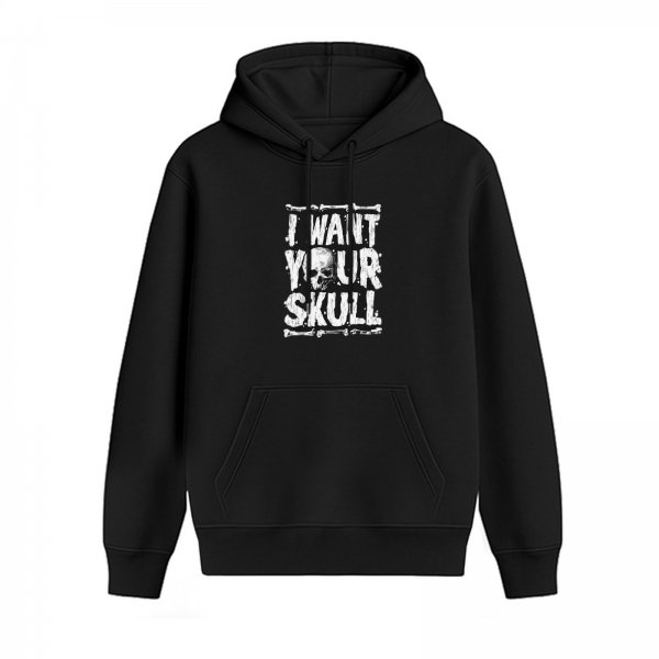 Black hoodie with 'I Want Your Skull' graphic print
