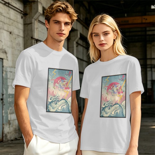 Olive T-shirt with Japanese style dragon and lightning graphic print
