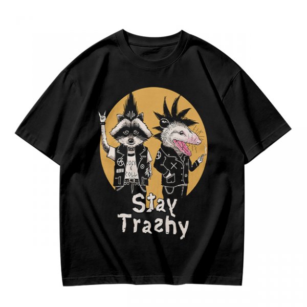 Olive graphic tee with punk raccoon and opossum 'Stay Trashy' print