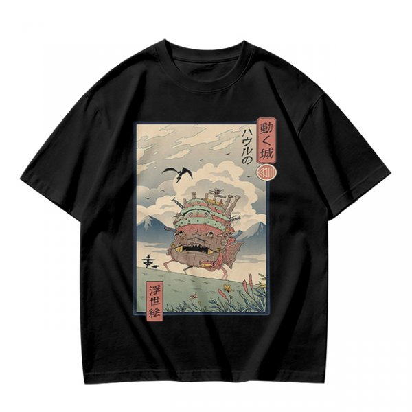 Olive t-shirt with ukiyo-e style Howl's Moving Castle print