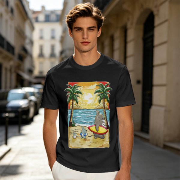 Olive T-Shirt with Beach Scene Print Featuring Totoro and Friends
